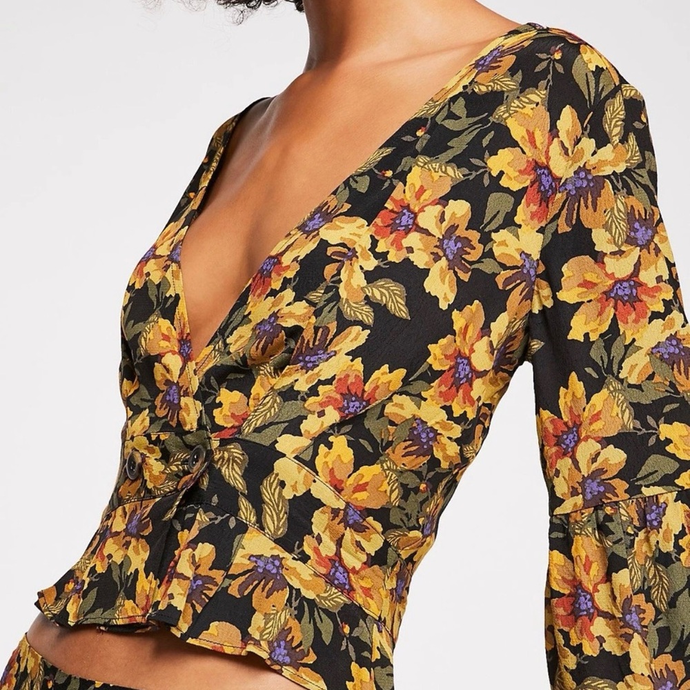 Free People Love Letter Floral V-Neck‎ Button Wrap Blouse Boho